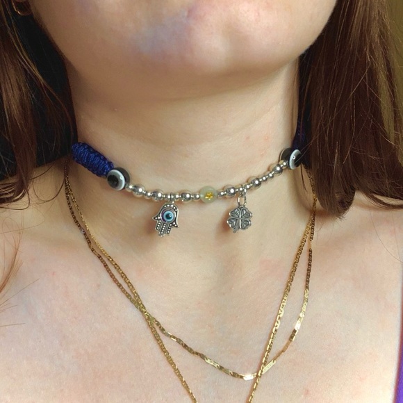 Handmade Blue Choker with Black Evil Eye, 4 leave clover and Hansa Hand - Picture 4 of 6